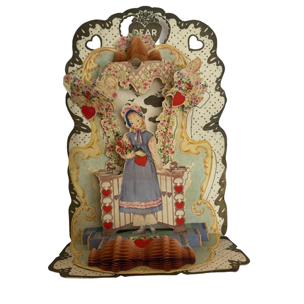 Vintage 1920s Valentine Day Card Die Cut Mechanical Pop-Up 3D -Beautiful! - FLAW